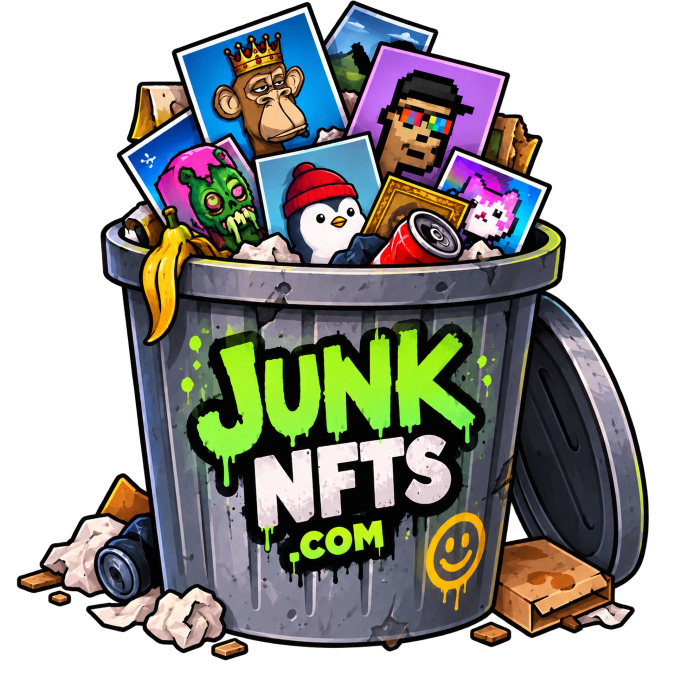 A dented metal trash can overflowing with cartoon NFT pictures, labelled junknfts.com